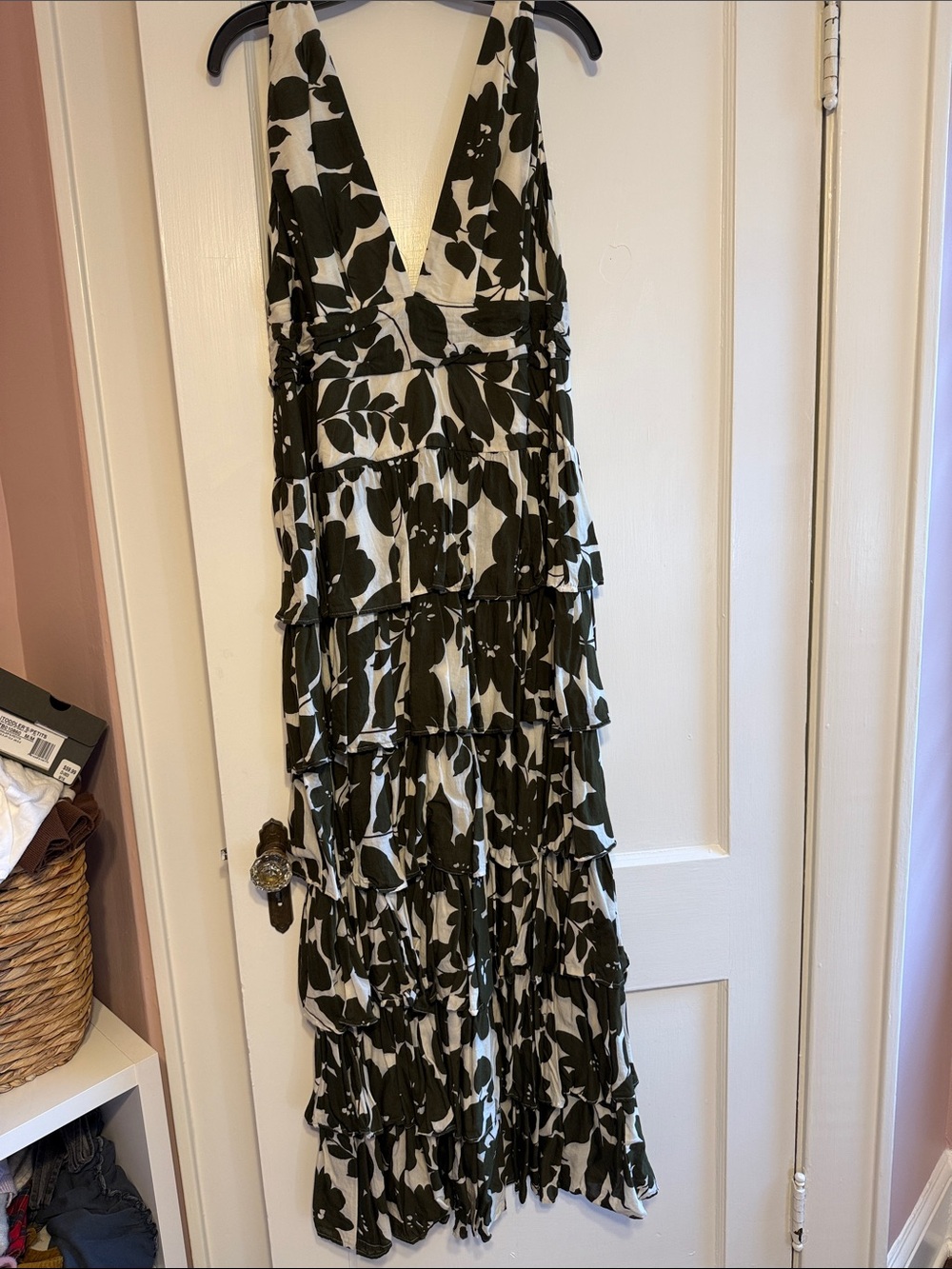 J. Crew Green and Cream Floral Tiered Maxi Dress